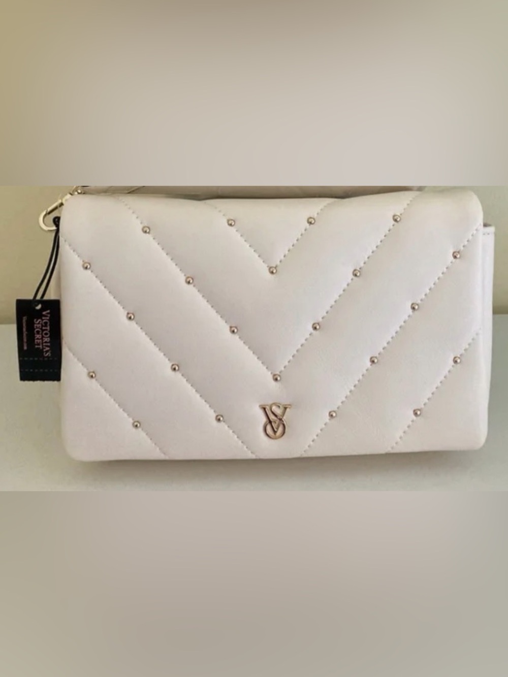 Victoria's Secret Cream Quilted Clutch with Gold Accents